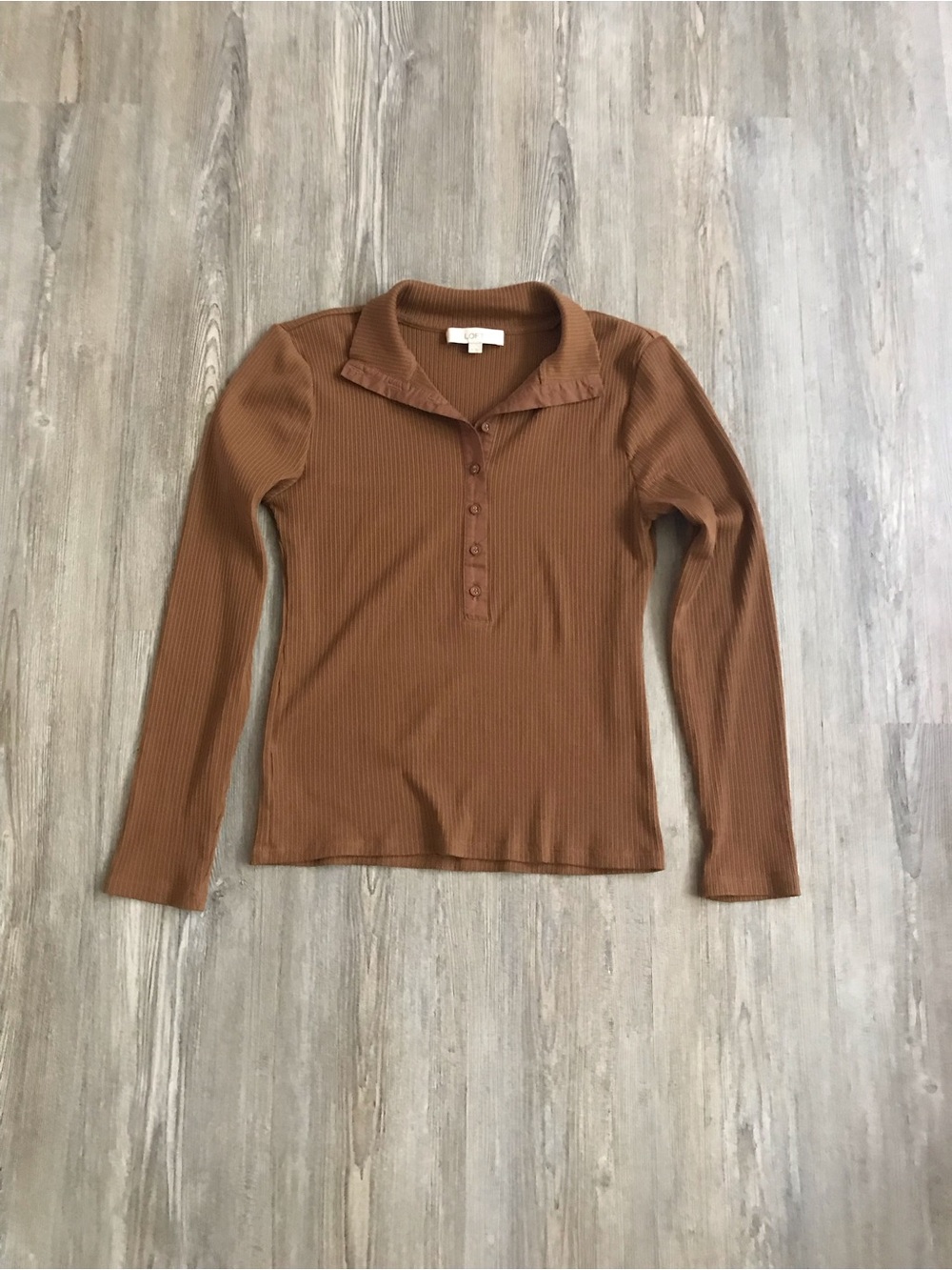 LOFT Ribbed Long Sleeve Button-Front Top in Brown